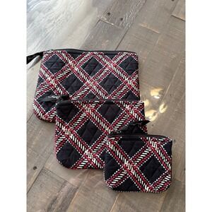 Vera Bradley 3 Piece Cosmetic Bag Set Quilted Navy Coral Plaid Travel Pouches